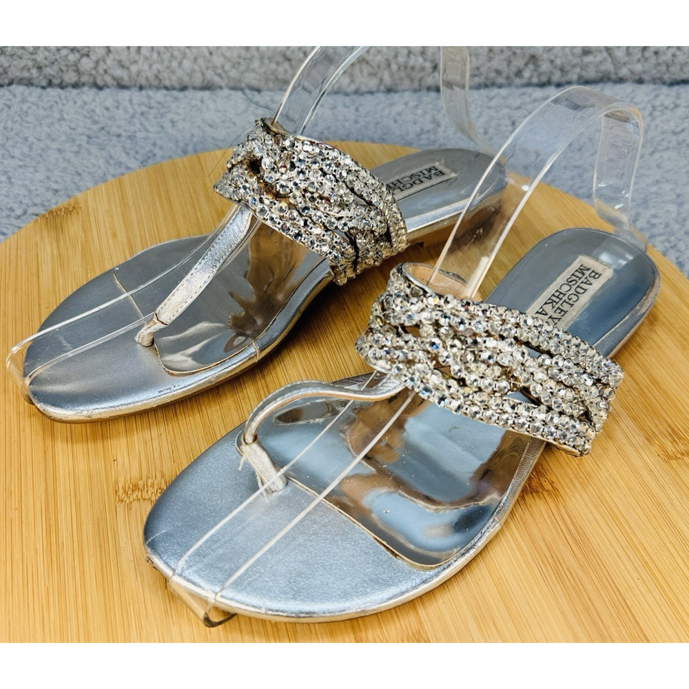 Badgley Mischka Sandals Womens 7 Silver Jeweled Thong